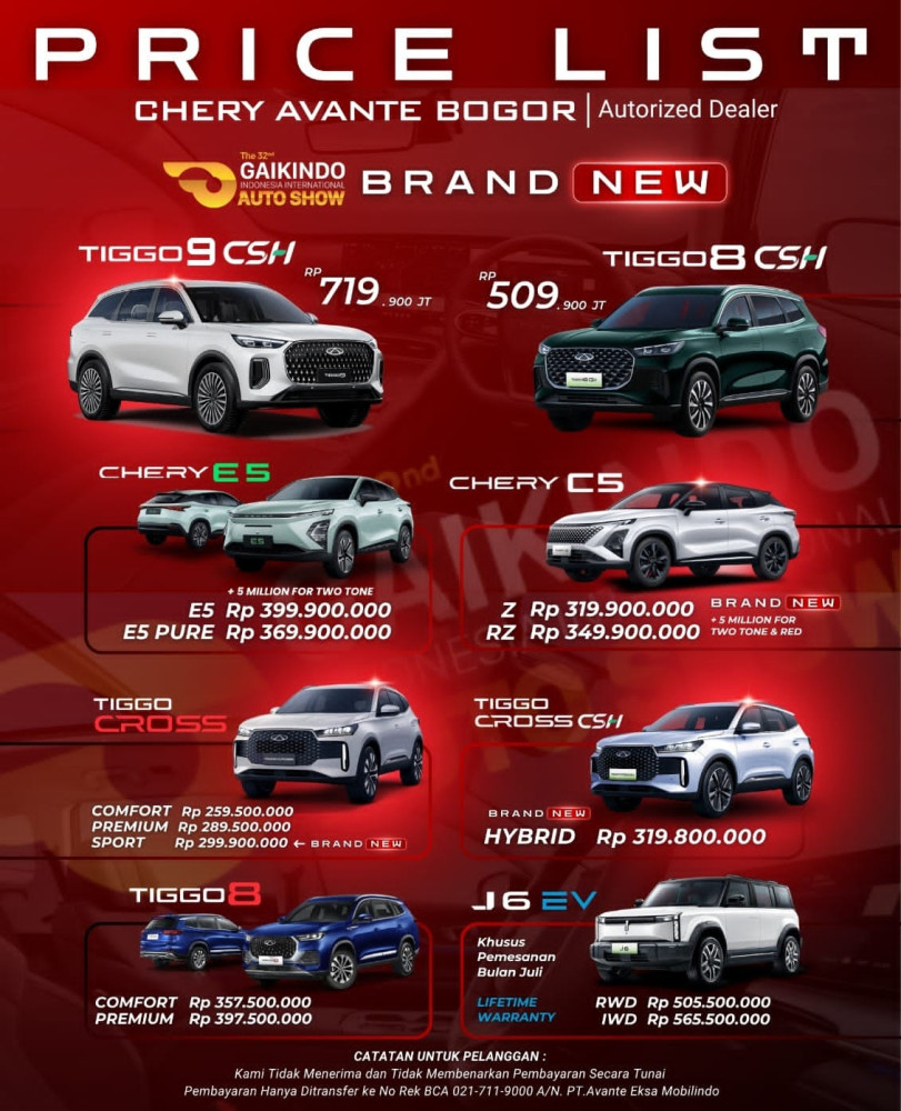 Pricelist Harga Chery jatiuwung 2025
